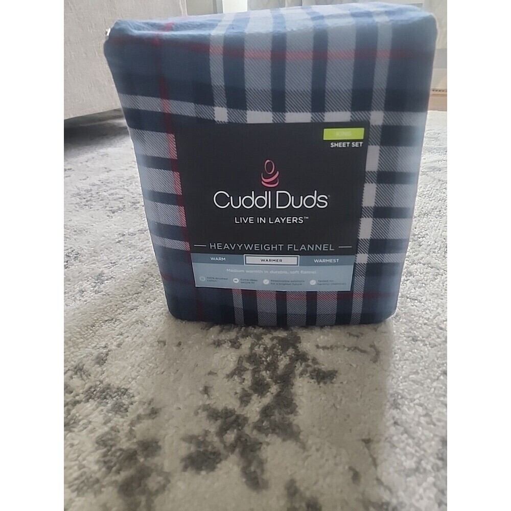 Cuddl Duds King Heavyweight Flannel Sheet Set Navy Plaid Brushed Cotton Durable